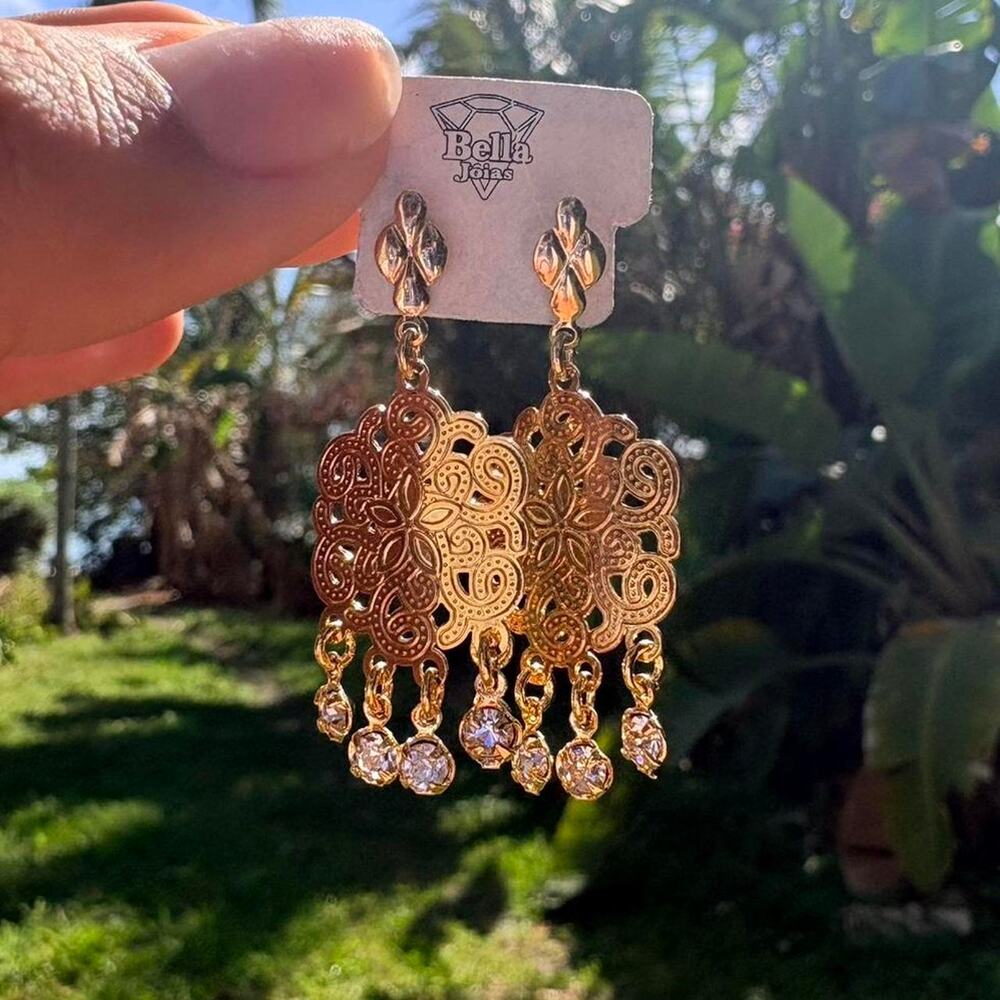 Gold chandelier earrings with rhinestones 18k gold filled boho chic festival